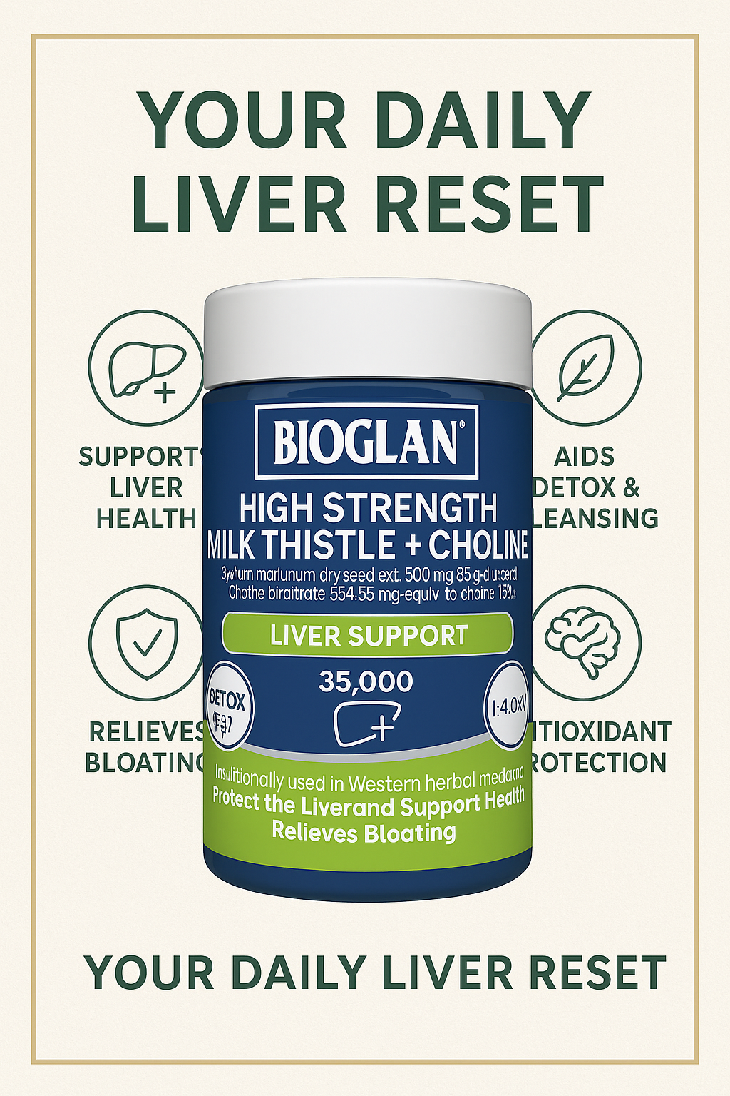Bioglan High Strength Milk Thistle + Choline supplement bottle for liver support, detoxification, bloating relief, and antioxidant protection